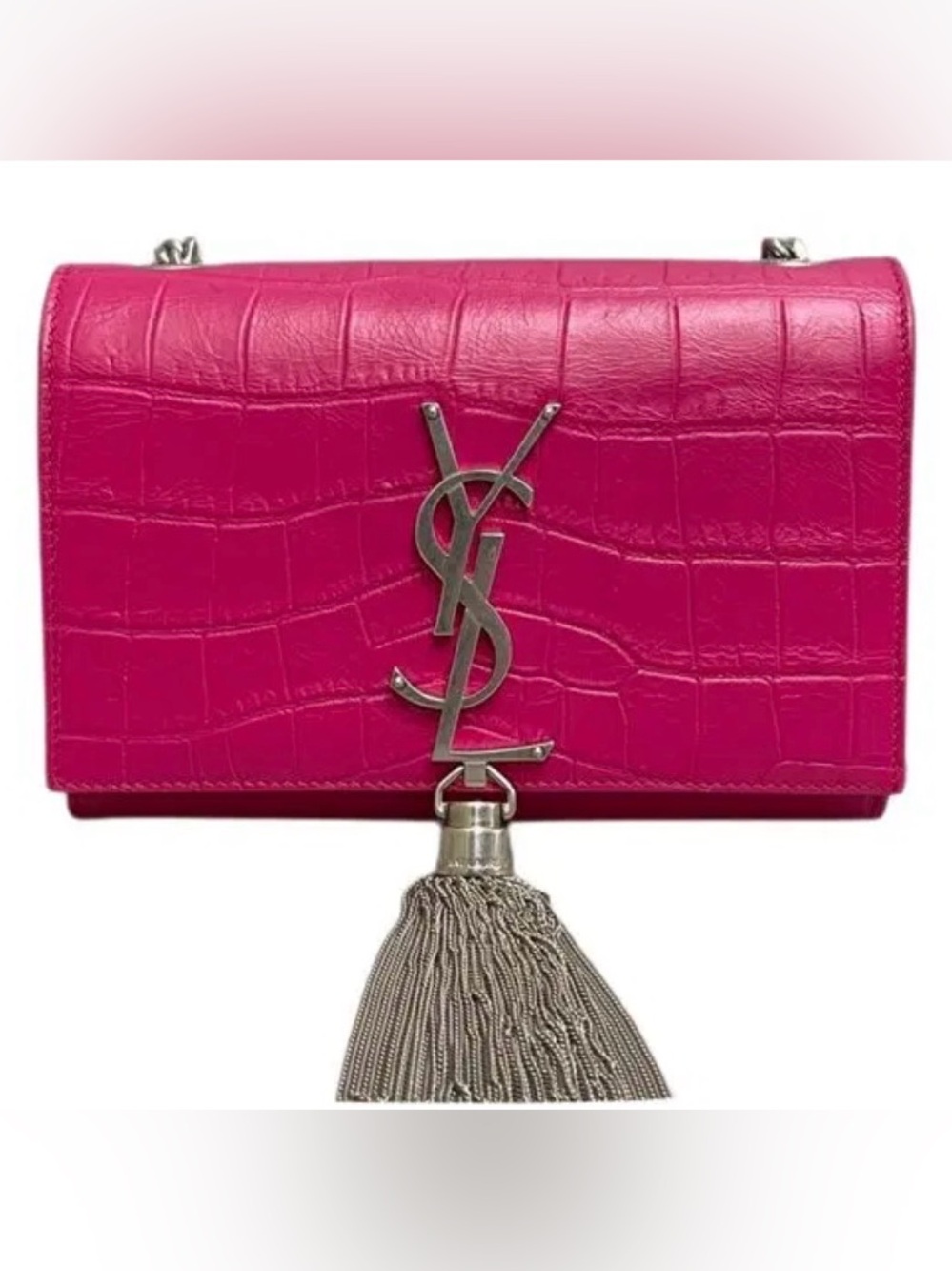 🔥Saint Laurent Fuchsia Croc-Embossed Kate Tassle Bag Small full inclusion🔥 - Picture 6 of 16